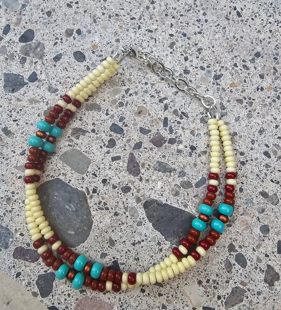 More Native-Inspired Glass Beaded Bracelets Ivory color brown two large turquoise colored beads