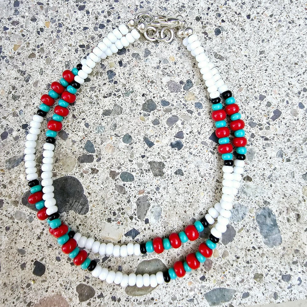 Native-Inspired Glass Beaded Bracelets White with black turquoise large red beads