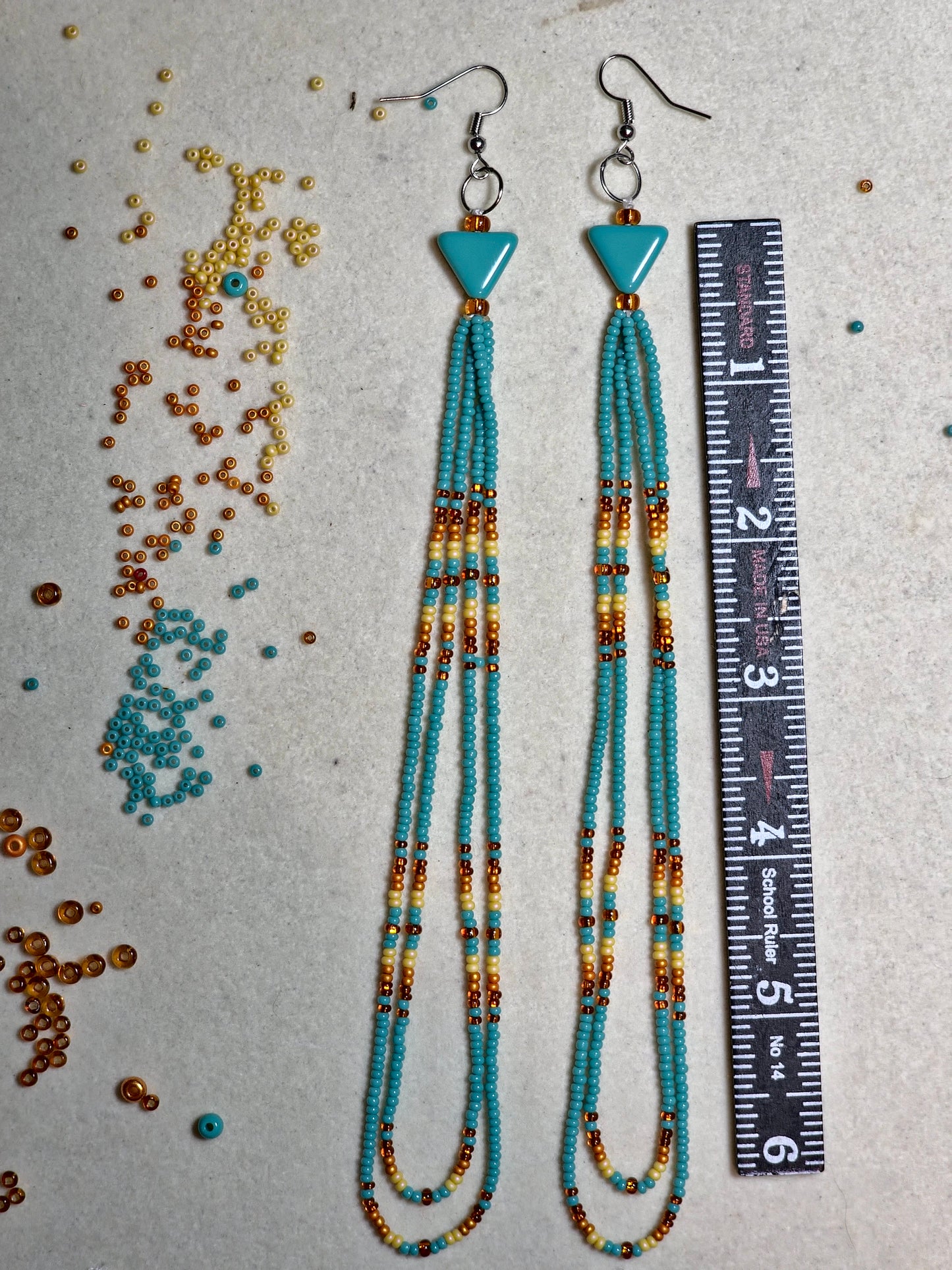 Southwestern Native Style Beaded Shoulder Duster Earrings | Turquoise & Sand -Triangle