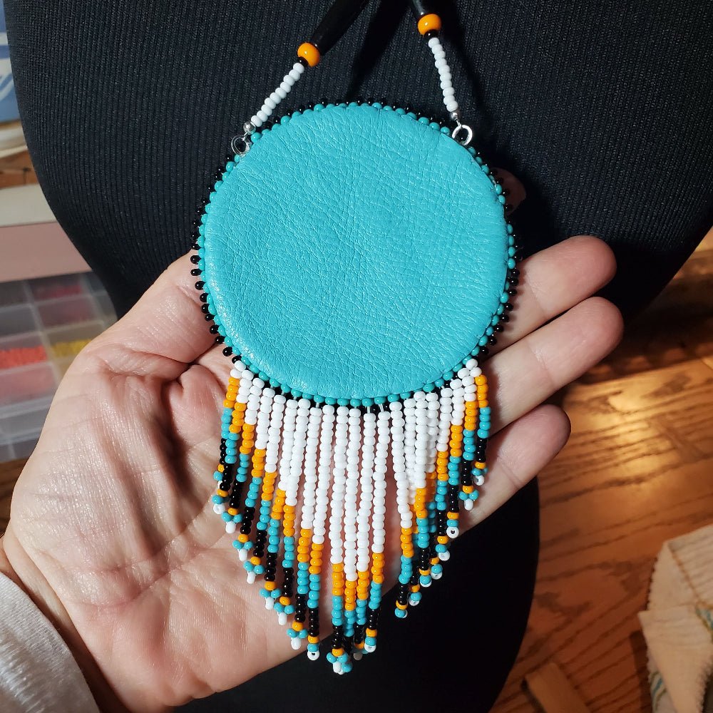 Native Eagle Medallion – Beaded Fringe Necklace in Sky Blue & Silver