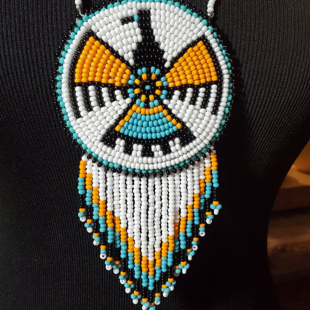 Native Eagle Medallion – Beaded Fringe Necklace in Sky Blue & Silver