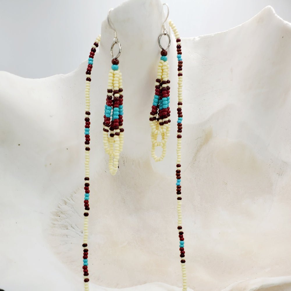 Native American Made Necklace & Earring Set – Turquoise, Brown & Bone Glass Beads – Handmade with Czech Beads