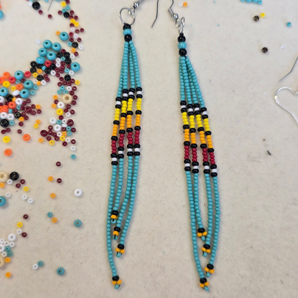 Long Native-Inspired Beaded Dangle Earrings