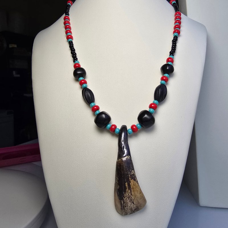 Buffalo Tooth Horn Beaded Necklace Black & Red with Traditional Native American Colors at Crafty Native