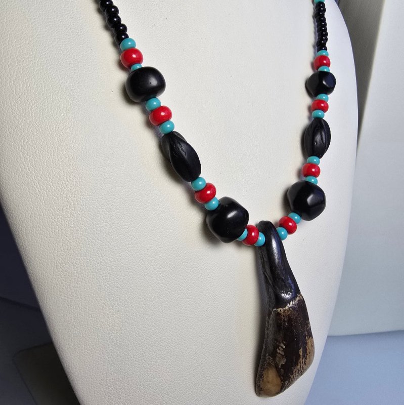 Buffalo Tooth Horn Beaded Necklace Black & Red with Traditional Native American Colors at Crafty Native