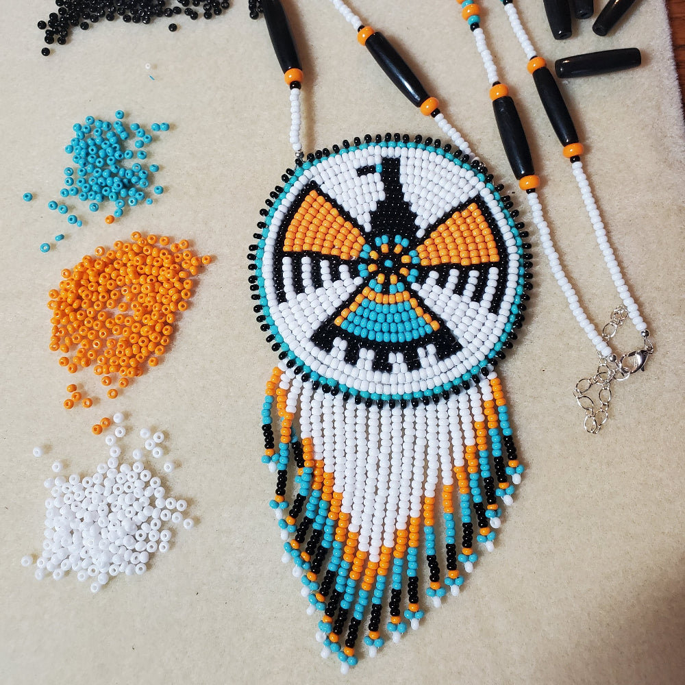 Native Eagle Medallion – Beaded Fringe Necklace in Sky Blue & Silver