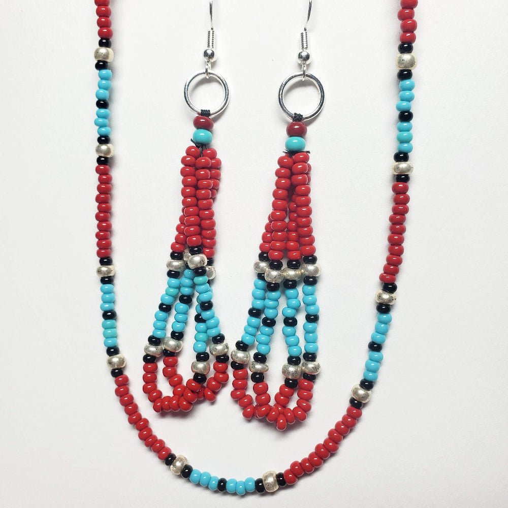 Native American Made Necklace & Earring Set – Red, Turquoise & Black – Handmade with Czech Glass Beads
