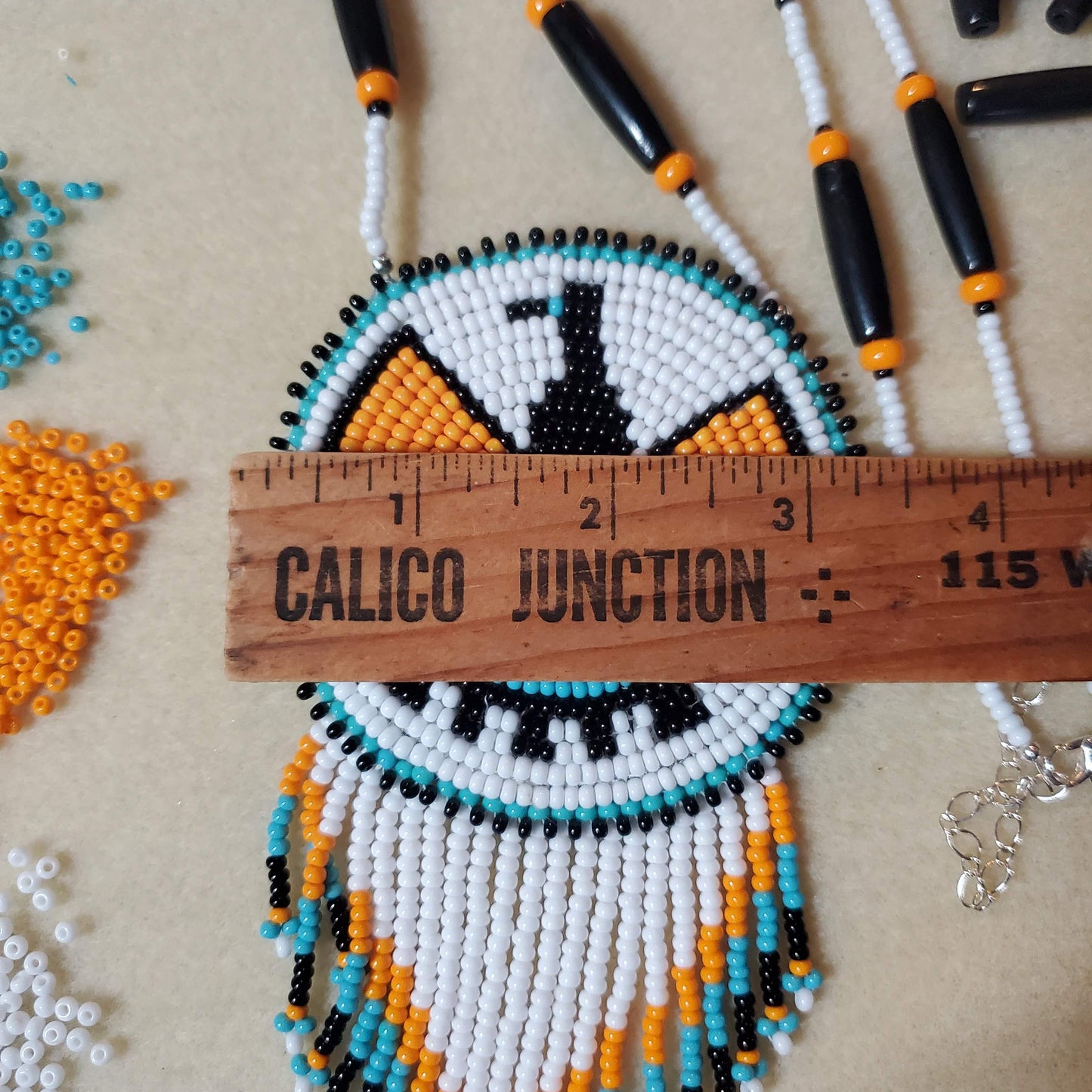 Native Eagle Medallion – Beaded Fringe Necklace in Sky Blue & Silver