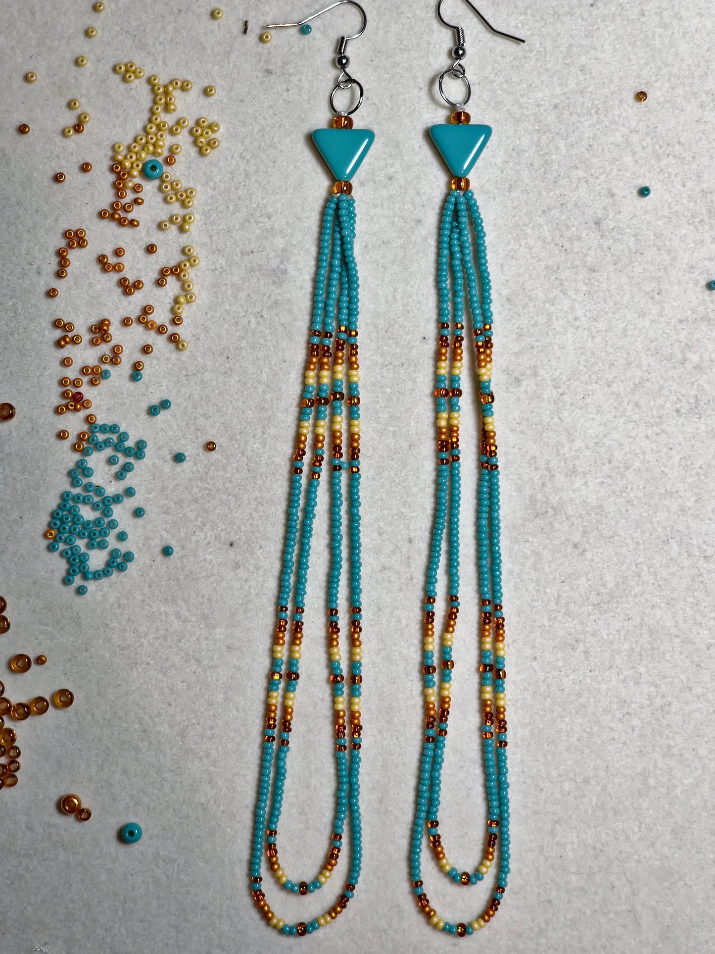 Southwestern Native Style Beaded Shoulder Duster Earrings | Turquoise & Sand -Triangle