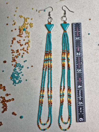 Southwestern Native Style Beaded Shoulder Duster Earrings | Turquoise & Sand -Triangle