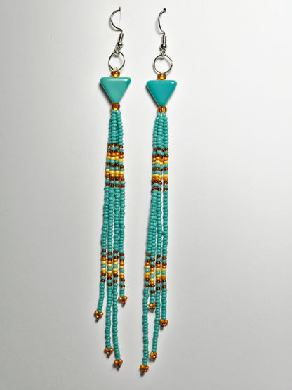 Southwest-Inspired Native Fringe Shoulder Duster Beaded Earrings – Turquoise & Sand