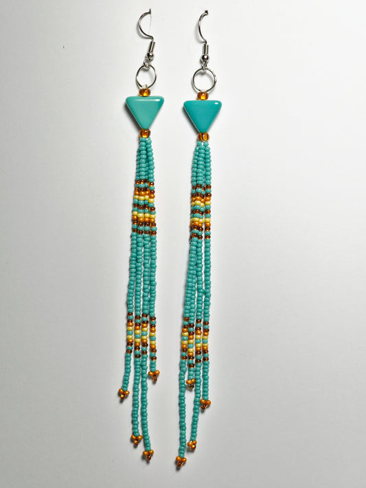 Southwest-Inspired Native Fringe Shoulder Duster Beaded Earrings – Turquoise & Sand