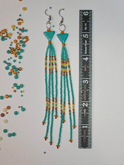 Southwest-Inspired Native Fringe Shoulder Duster Beaded Earrings – Turquoise & Sand