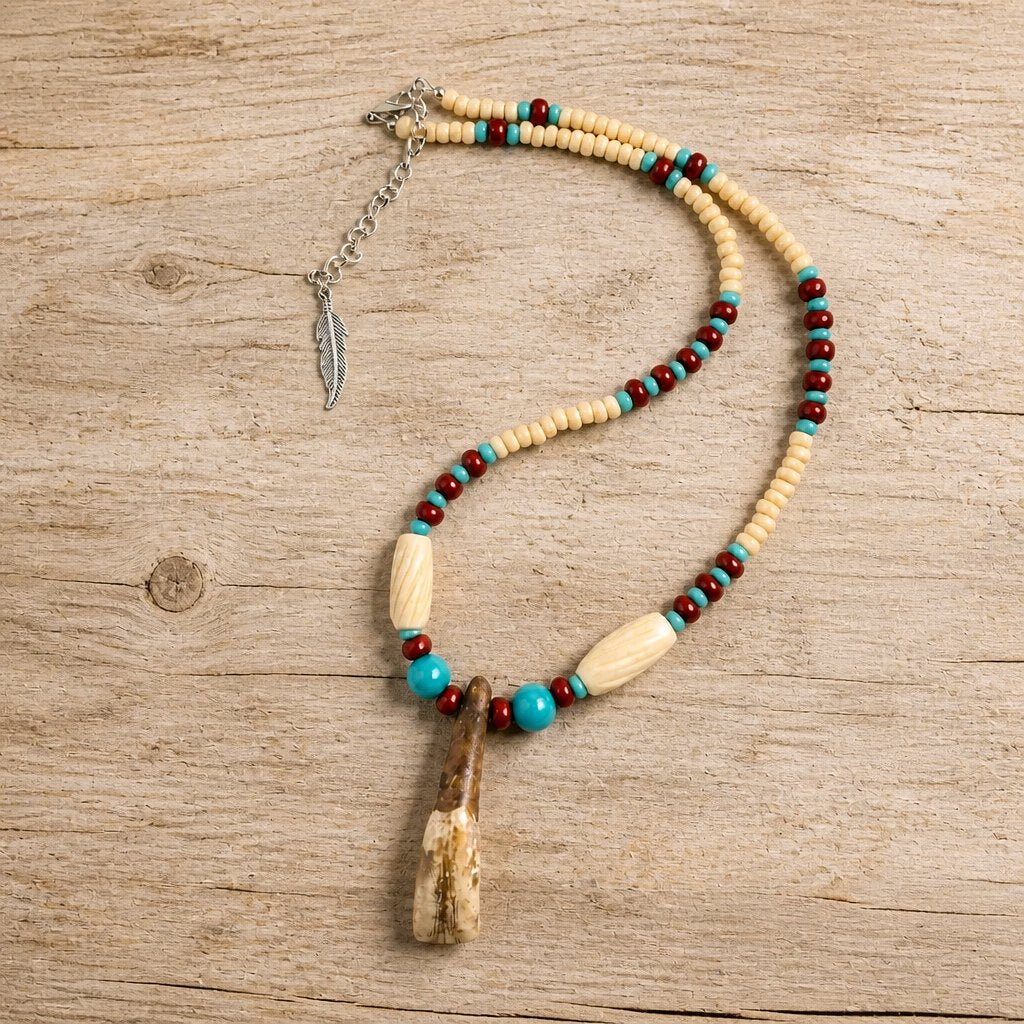 Buffalo Tooth Beaded Turquoise Necklace – Native-Inspired Czech Glass Bead Design