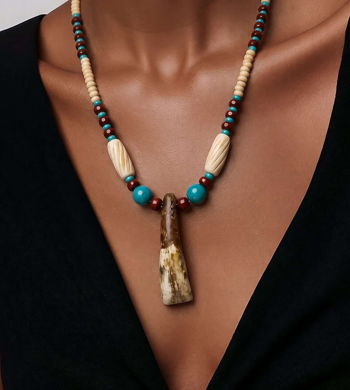 Buffalo Tooth Beaded Turquoise Necklace – Native-Inspired Czech Glass Bead Design
