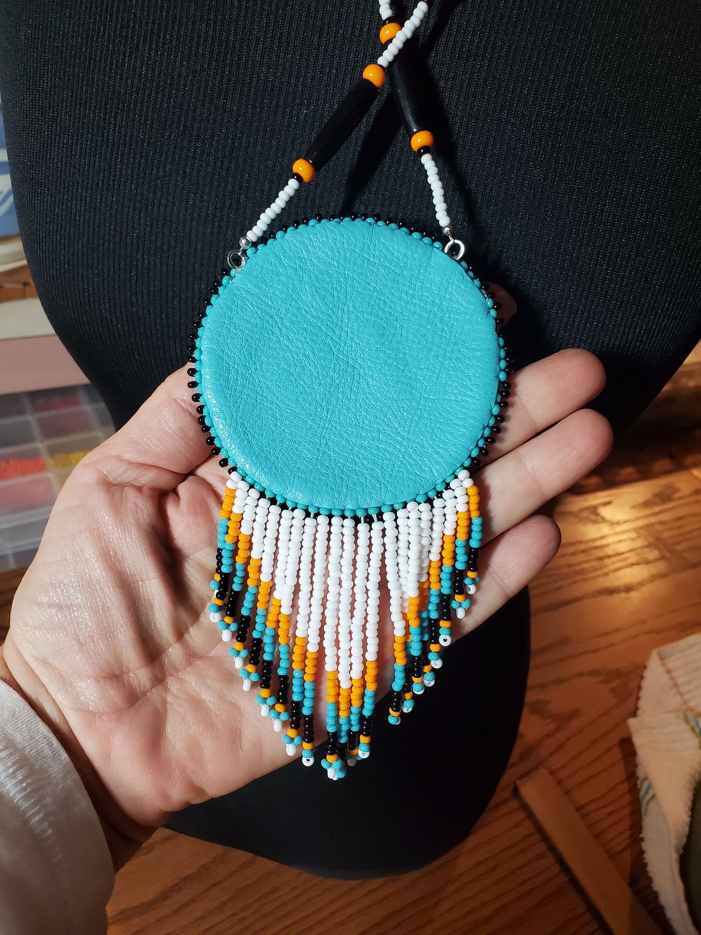 Native Eagle Beaded Fringe Blue Medallion