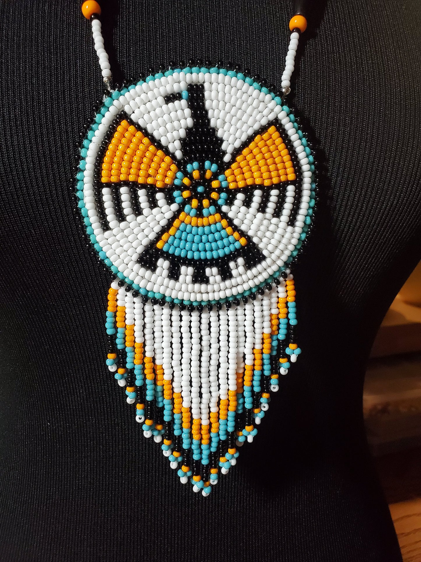 Native Eagle Beaded Fringe Blue Medallion