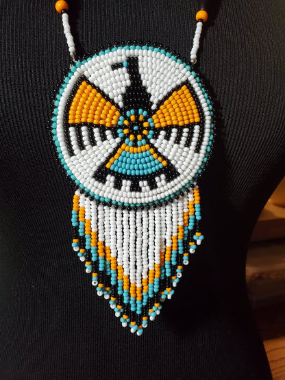 Native Eagle Beaded Fringe Blue Medallion