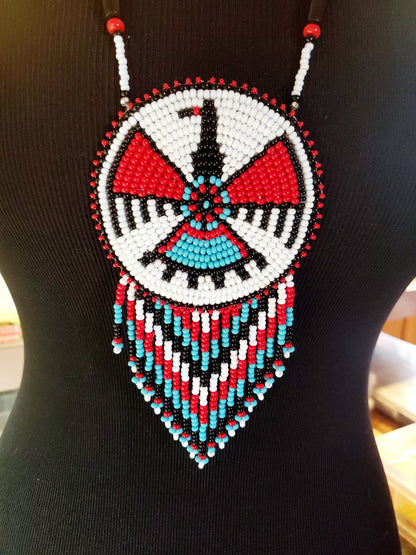 Native Eagle Beaded Fringe Red Medallion