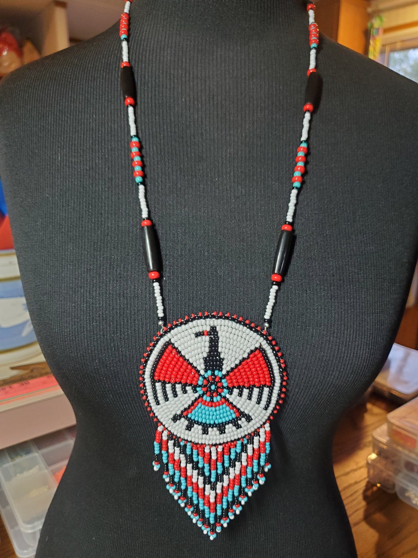 Native Eagle Beaded Fringe Red Medallion