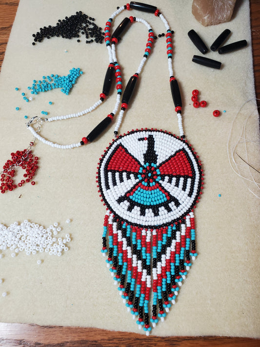 Native Eagle Beaded Fringe Red Medallion