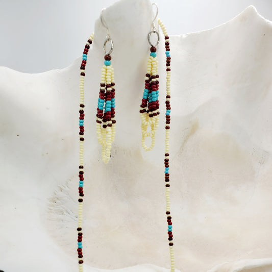 Native American Made Necklace & Earring Set – Turquoise, Brown & Bone Glass Beads – Handmade with Czech Beads