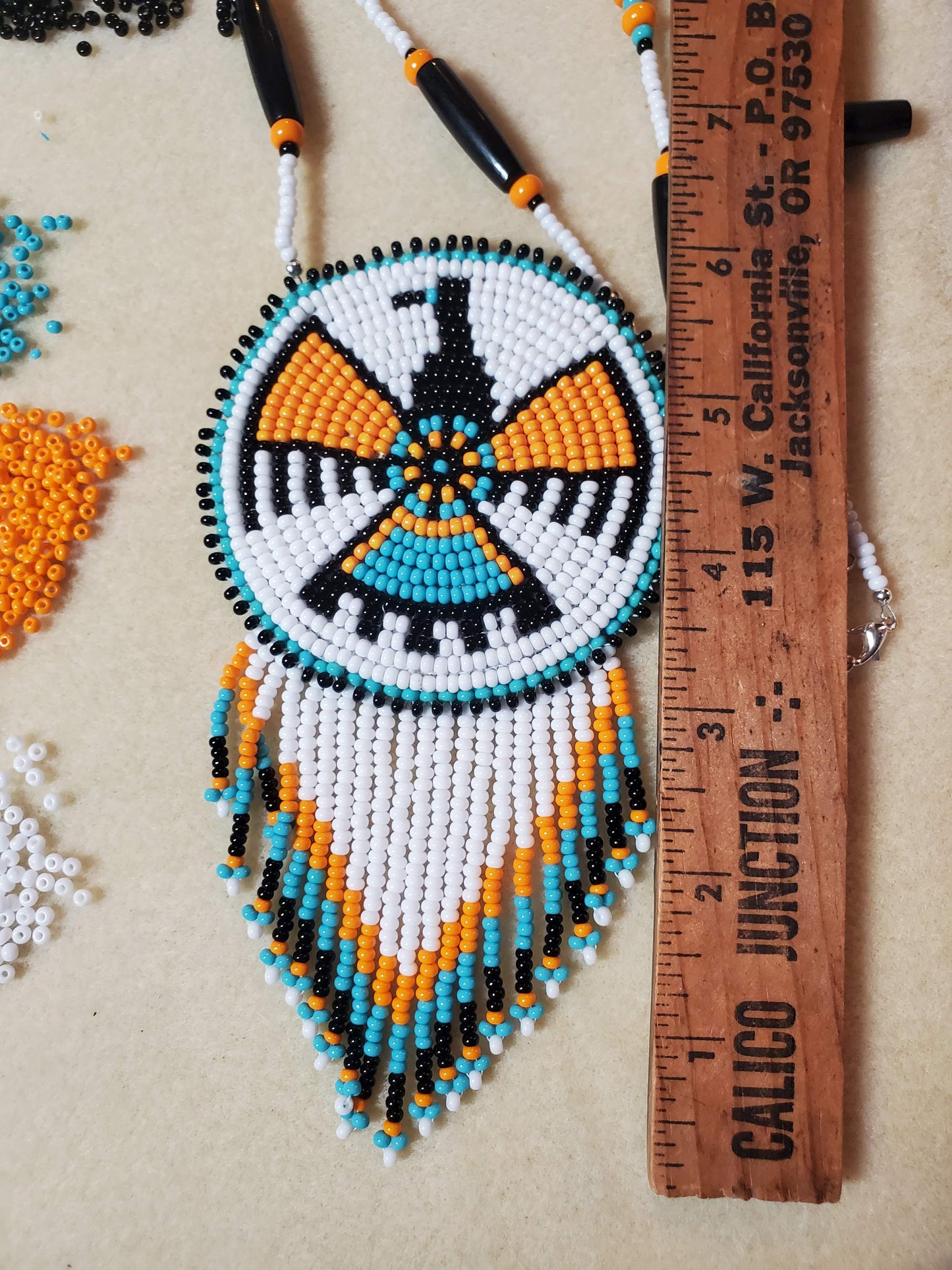 Native Eagle Beaded Fringe Blue Medallion