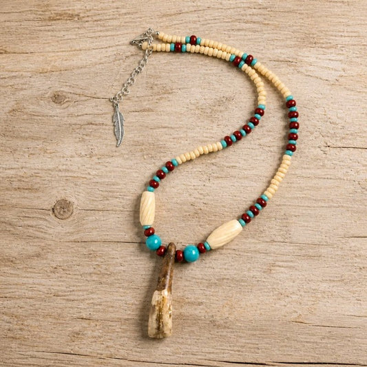 Buffalo Tooth Beaded Turquoise Necklace – Native-Inspired Czech Glass Bead Design with Traditional Native American Colors at Crafty Native