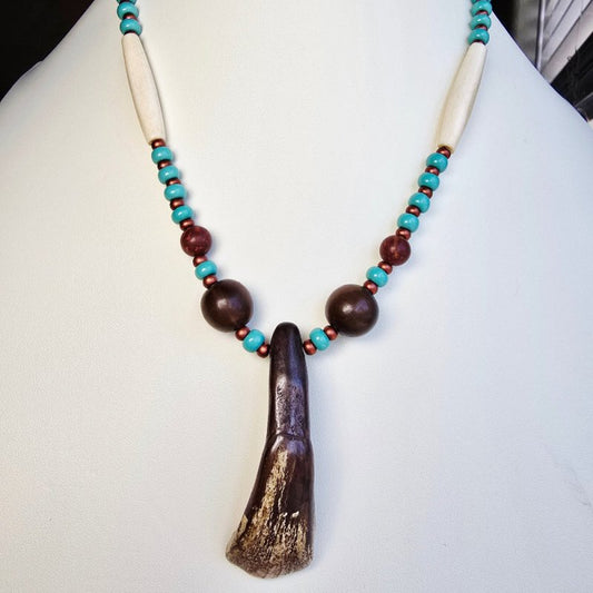 Buffalo Tooth Horn Beaded Necklace with Traditional Native American Colors at Crafty Native