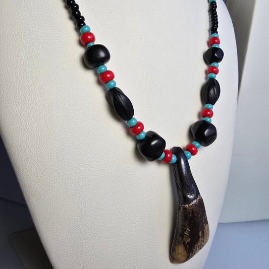 Buffalo Tooth Horn Beaded Necklace Black & Red with Traditional Native American Colors at Crafty Native