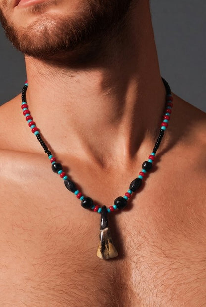 Buffalo Tooth Horn Beaded Necklace Black & Red with Traditional Native American Colors at Crafty Native