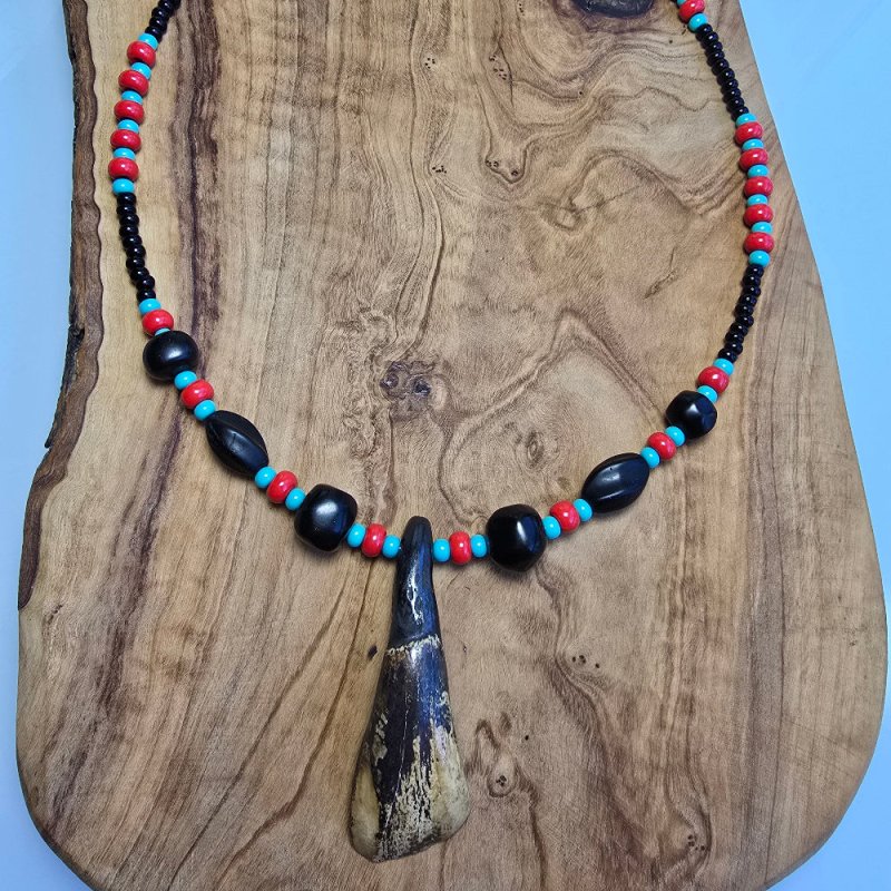 Buffalo Tooth Horn Beaded Necklace Black & Red with Traditional Native American Colors at Crafty Native