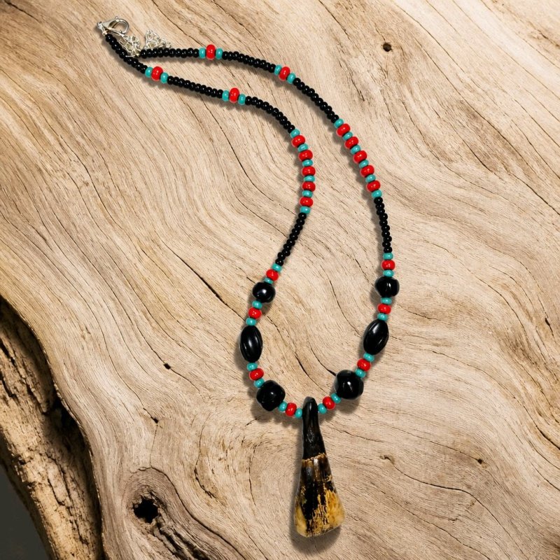 Buffalo Tooth Horn Beaded Necklace Black & Red with Traditional Native American Colors at Crafty Native