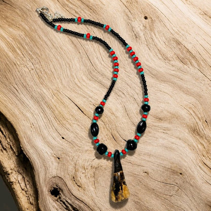 Buffalo Tooth Horn Beaded Necklace Black & Red with Traditional Native American Colors at Crafty Native