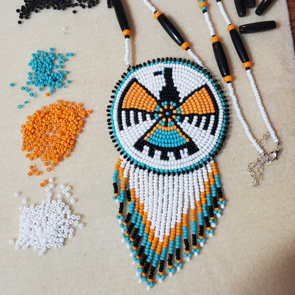 Native Eagle Medallion – Beaded Fringe Necklace in Sky Blue & Silver