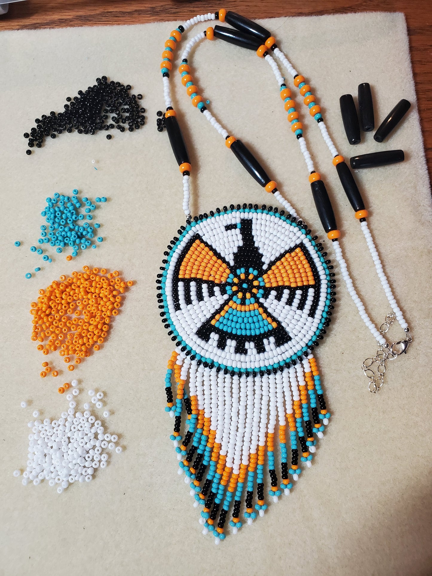 Native Eagle Beaded Fringe Blue Medallion