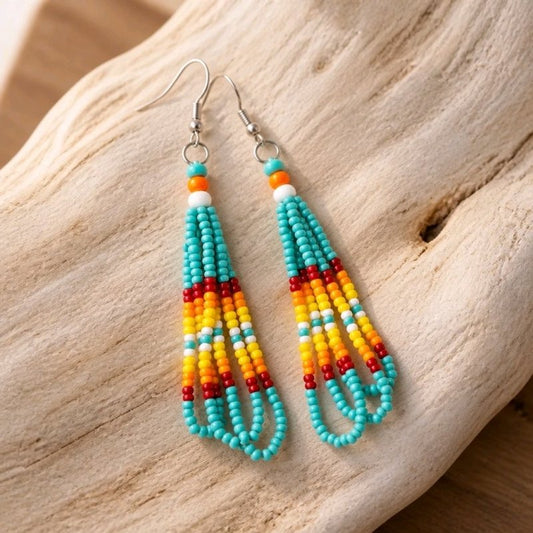 “Fire & Sky” – Native American Style Teardrop Dangle Earrings with Traditional Native American Colors at Crafty Native