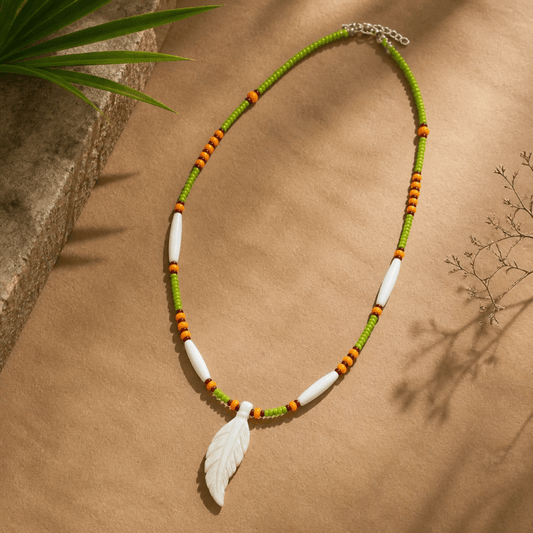 Handcrafted Native American Inspired Buffalo Bone Feather Necklace – Czech Glass Seed Beads | 24" Traditional Style with Traditional Native American Colors at Crafty Native