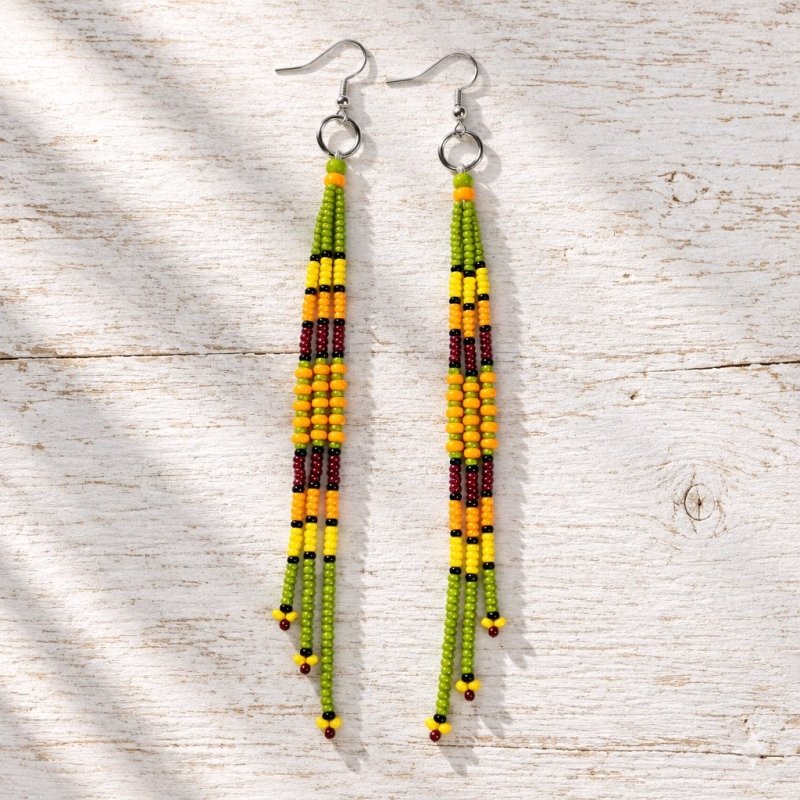Long Native-Inspired Beaded Dangle Earrings Green with Traditional Native American Colors at Crafty Native