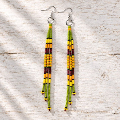 Long Native-Inspired Beaded Dangle Earrings Green with Traditional Native American Colors at Crafty Native