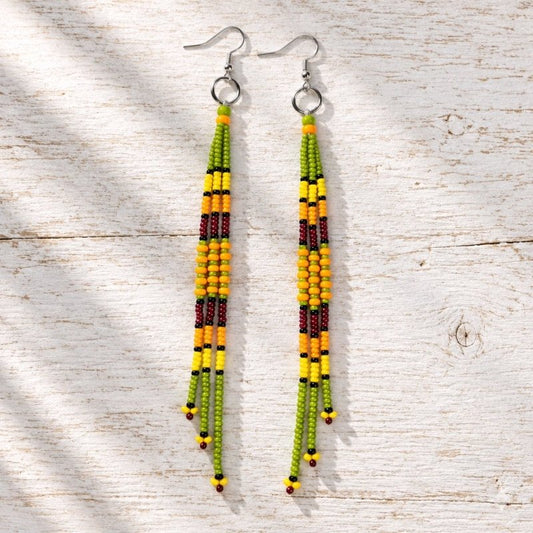 Long Native-Inspired Beaded Dangle Earrings Green with Traditional Native American Colors at Crafty Native