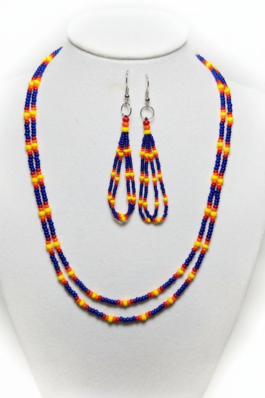 Native American Handmade Czech Glass Seed Bead Necklace &amp; Earring Set –Royal Blue Fire Colors with Traditional Native American Colors at Crafty Native