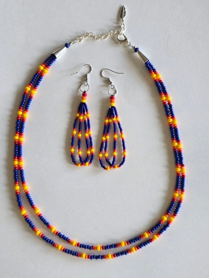 Native American Handmade Czech Glass Seed Bead Necklace &amp; Earring Set –Royal Blue Fire Colors with Traditional Native American Colors at Crafty Native
