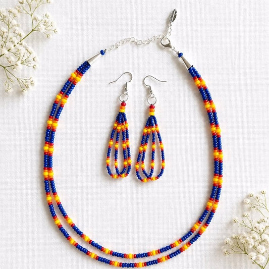 Native American Handmade Czech Glass Seed Bead Necklace &amp; Earring Set –Royal Blue Fire Colors with Traditional Native American Colors at Crafty Native