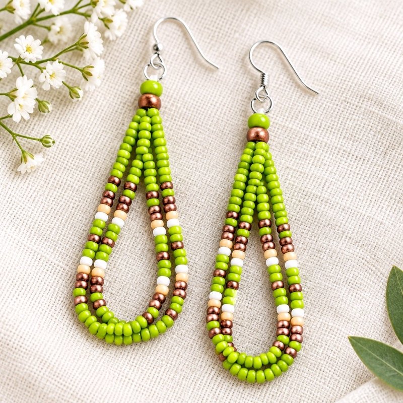 Native American Style Two-Loop Beaded Dangle Earrings with Traditional Native American Colors at Crafty Native