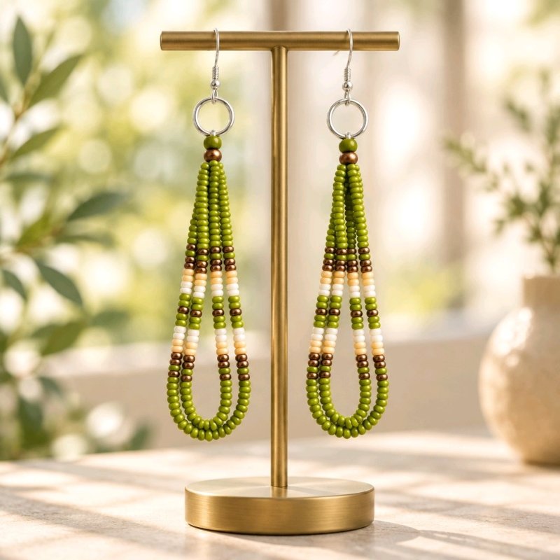 Native American Style Two-Loop Beaded Dangle Earrings with Traditional Native American Colors at Crafty Native