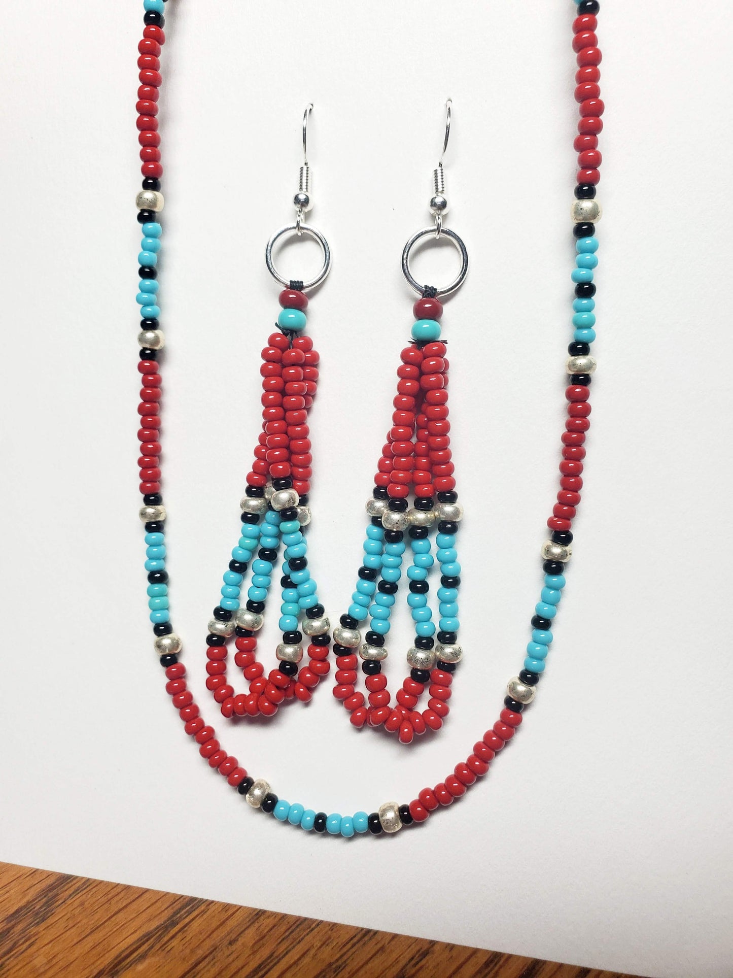 Red & Turquoise beaded Native Necklace and Earring Set