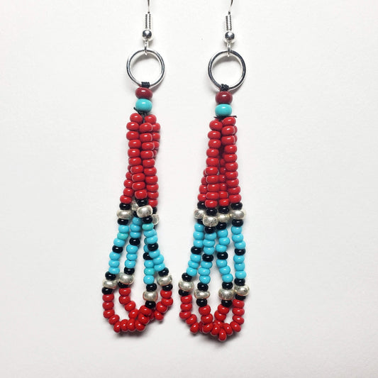 Red & Turquoise Two Dangle Earrings – Native American Style – Handmade Beadwork