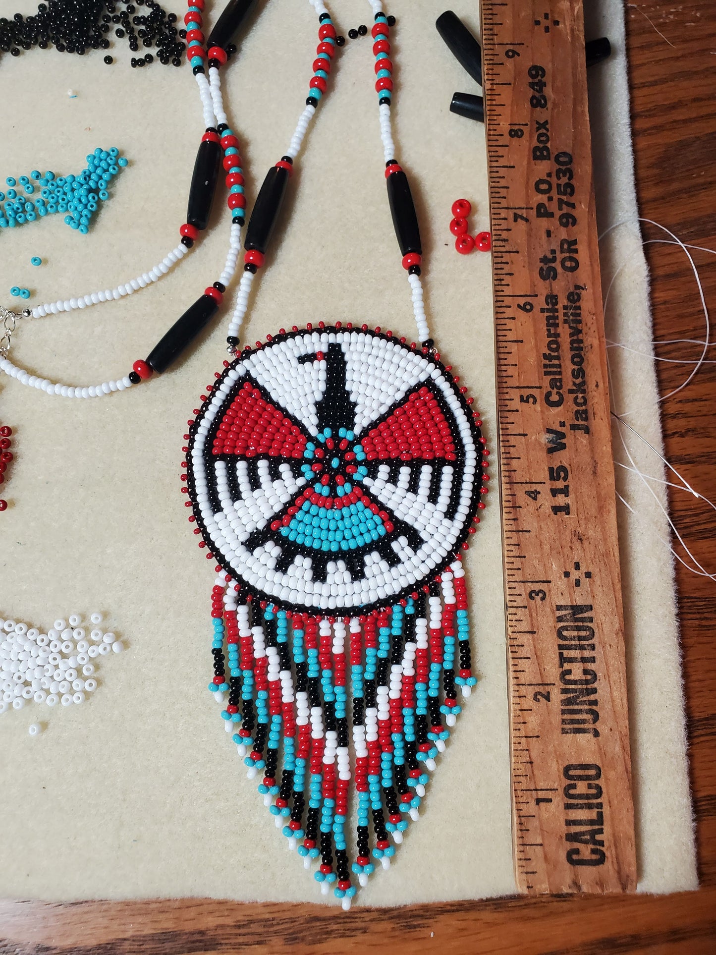 Native Eagle Beaded Fringe Red Medallion