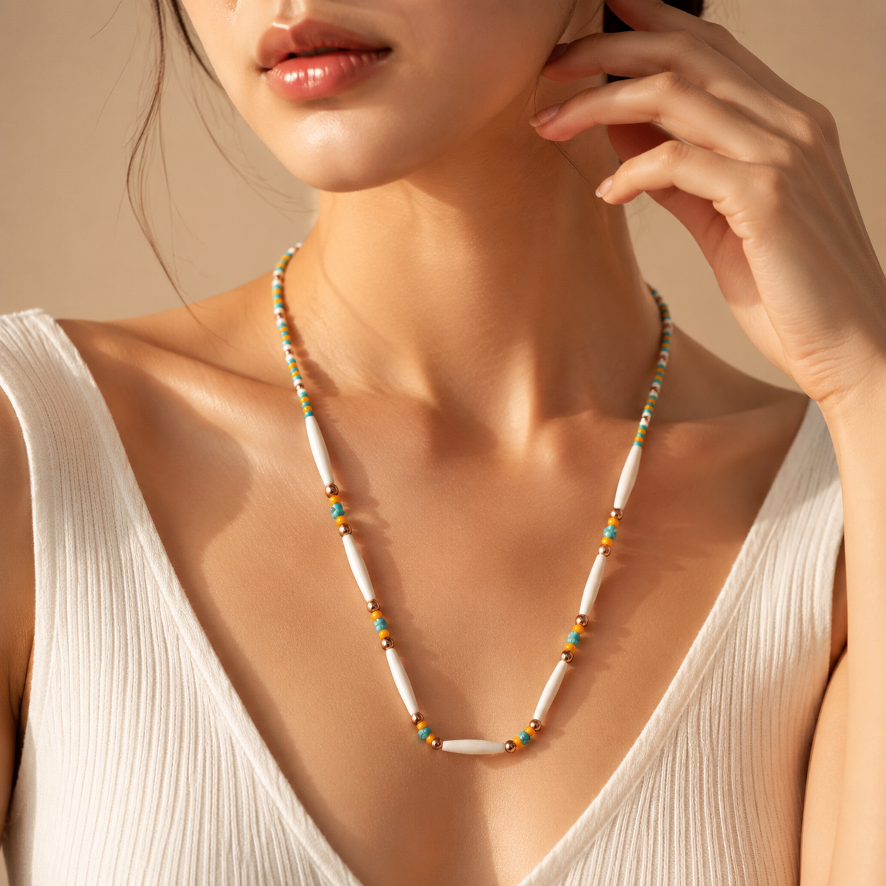 Buffalo Bone Hair Pipe Necklace – Turquoise & Copper | Native American Inspired | 28" Adjustable